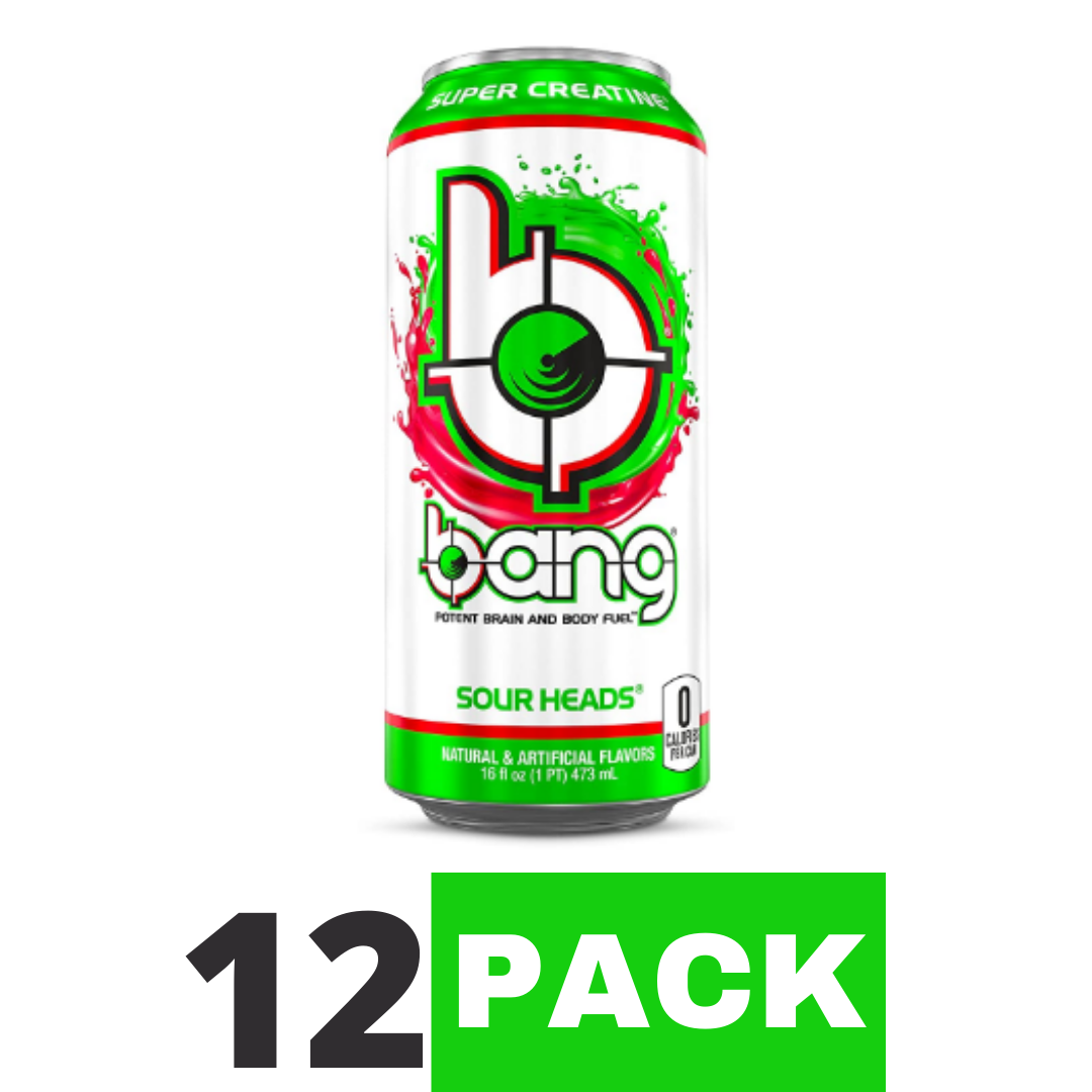 Bang Sour Heads Energy Drink, Sugar Free with Super Creatine 16 Ounce - Pack of 12