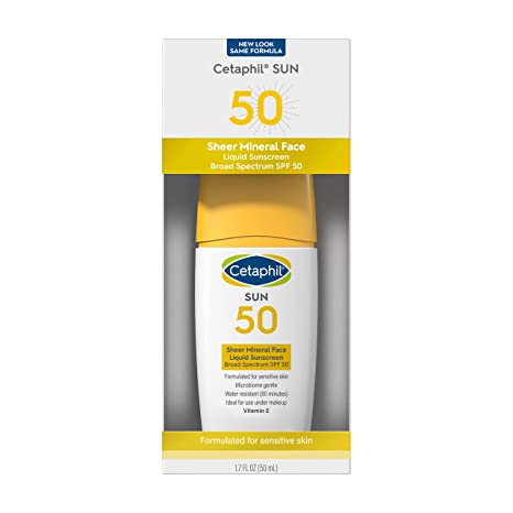 Cetaphil Sheer 100% Mineral Liquid Sunscreen With Zinc Oxide Broad Spectrum SPF 50 Formulated for Sensitive Skin Dermatologist Recommended, Unscented