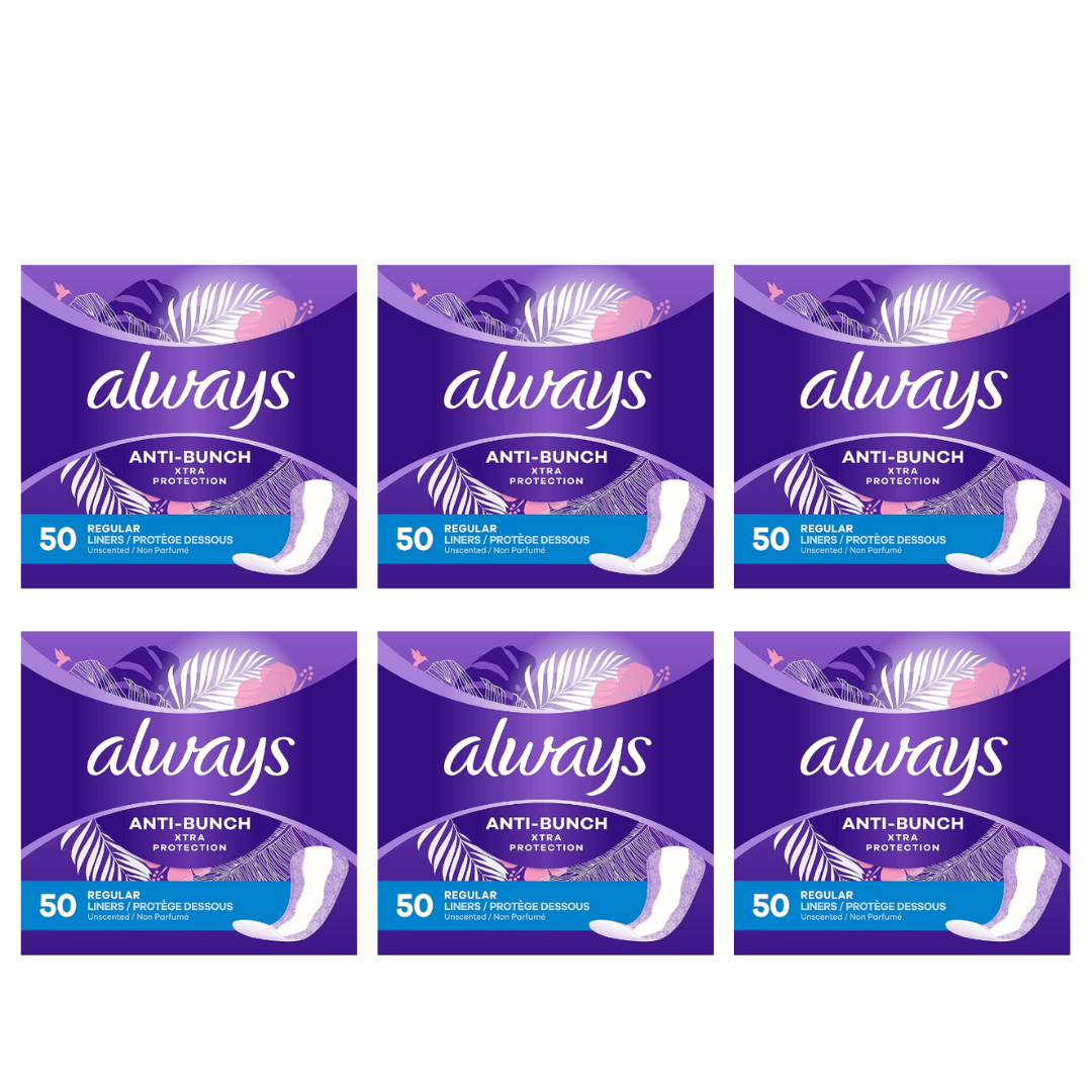 Always Xtra Protection Panty Liners for Women, Unscented Regular - 50 Count Pack of 6