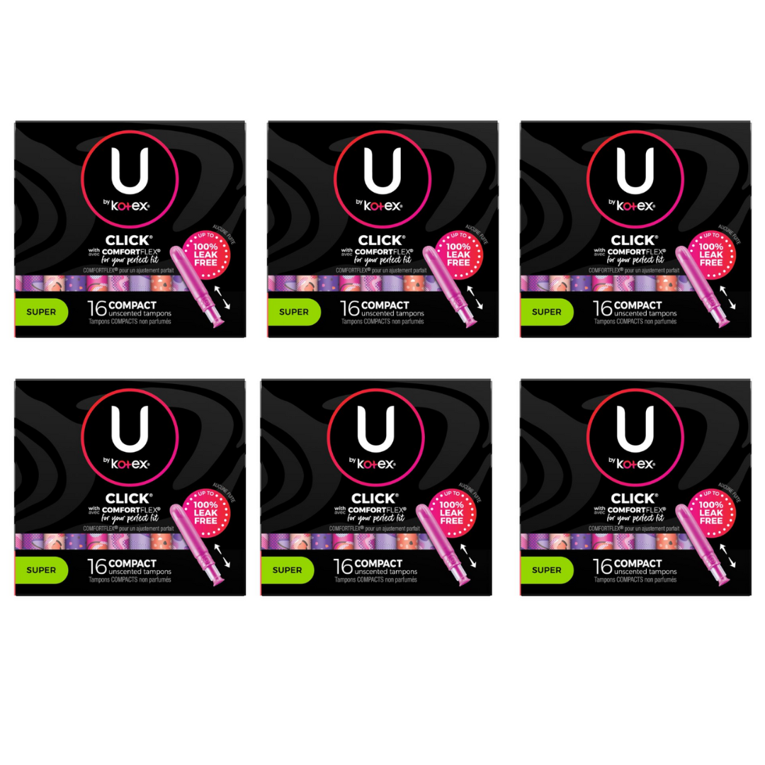 U by Kotex Click Compact Tampons, Super Absorbency, Unscented - 16 Count (Pack of 6)