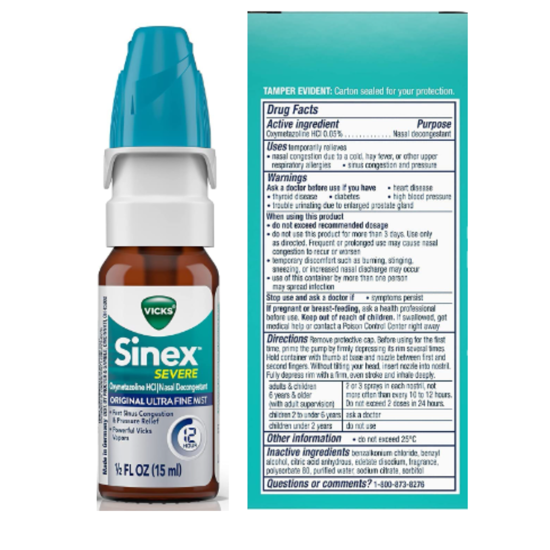 Vicks Sinex SEVERE, Nasal Spray, Original Ultra Fine Mist Sinus Decongestant for Fast Relief of Cold & Allergy Congestion, Sinus Pressure Relief, Twin Pack, 2 0.5 FL OZ