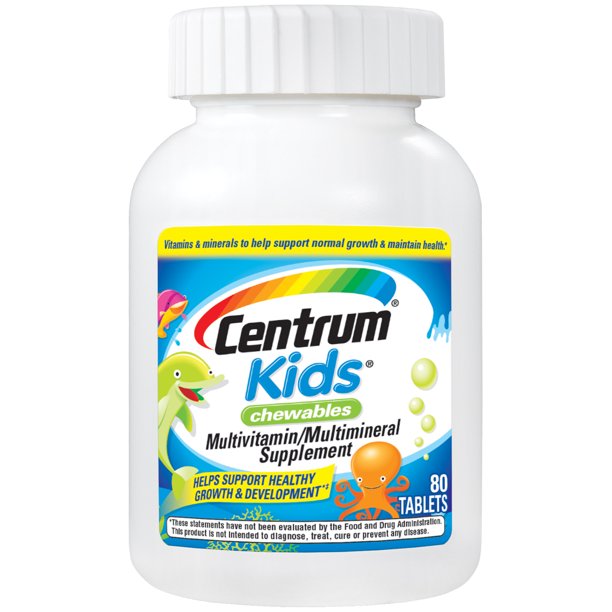 Centrum Chewable Multivitamin for Kids, Multimineral Supplement with Antioxidants and Vitamins C and E, Cherry/Orange/Fruit Punch Flavor - 80 Count