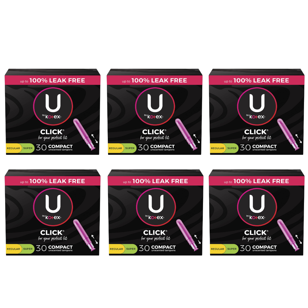 U By Kotex Click Compact Tampons Multipack, Regular/Super Absorbency, Unscented - 180 Total Count (6 Packs of 30)