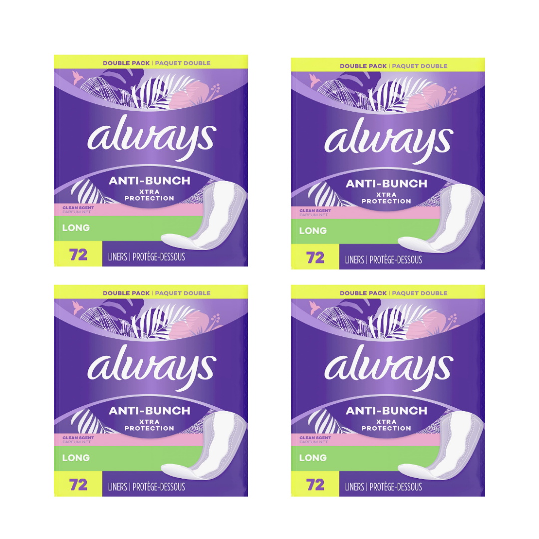 Always Xtra Protection Panty Liners for Women, Fresh Scent Long Length -  72 Count Pack of 4