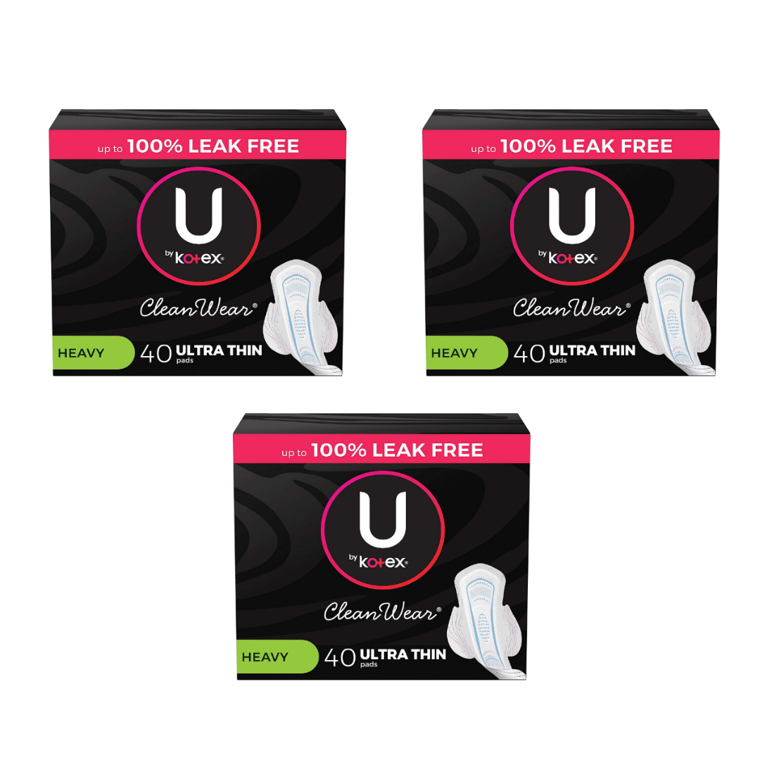 U by Kotex CleanWear Ultra Thin Pads with Wings, Heavy Absorbency - 40 Count (Pack of 3)
