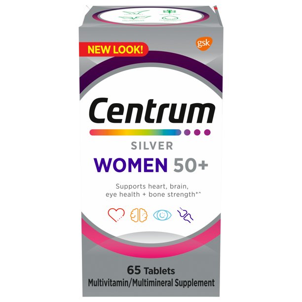 Centrum Silver Multivitamin Women 50+ Multimineral Supplement with Vitamin D3, B, Calcium and Antioxidants, Gluten Free, Non-GMO Ingredients, 65 ct