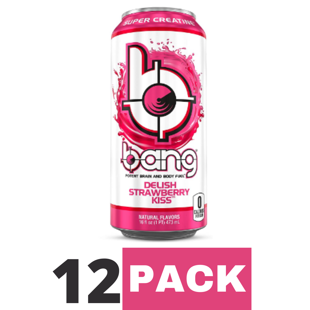 Bang Delish Strawberry Kiss Energy Drink, Sugar Free with Super Creatine 16 Ounce - Pack of 12