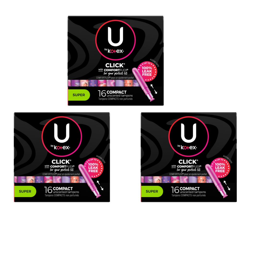U by Kotex Click Compact Tampons, Super Absorbency, Unscented - 16 Count (Pack of 3)