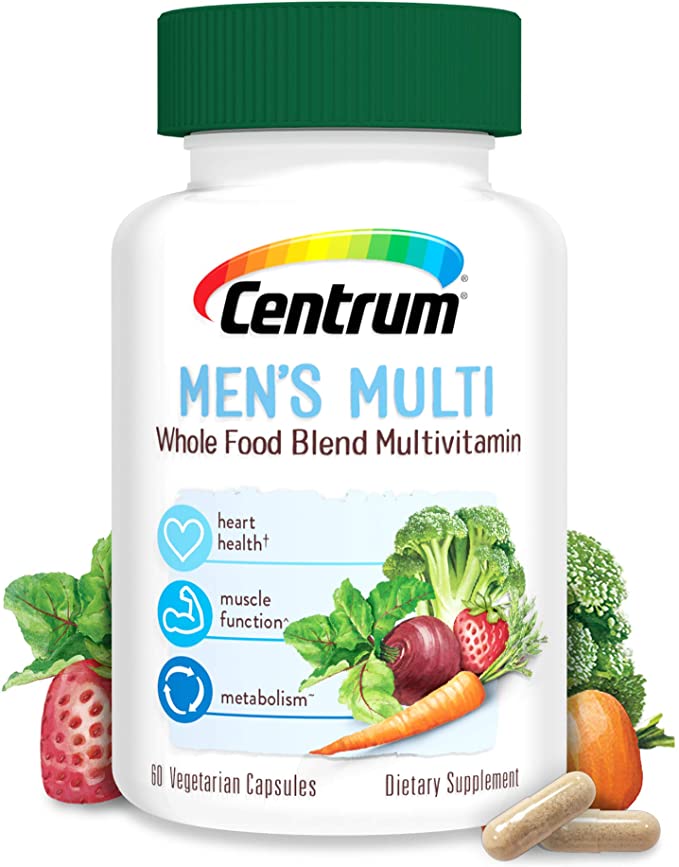 Centrum Whole Food Multivitamin for Men, with Vitamin C, Vitamin D, Zinc, Vegetarian + Gluten Free, 30 Day Supply -60 Capsules