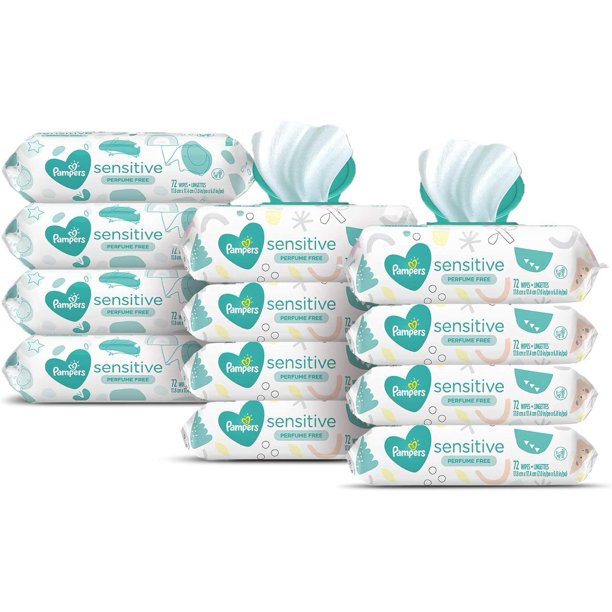 Pampers Baby Wipes Sensitive Perfume Free 8 Pop-Top Packs with 4 Refill Packs -  864 Total Wipes Count