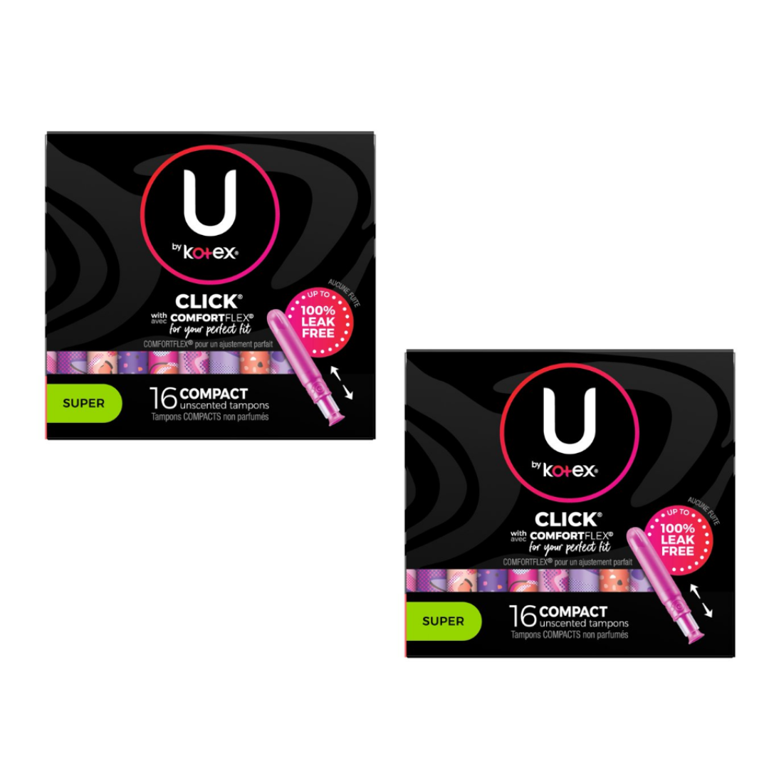 U by Kotex Click Compact Tampons, Super Absorbency, Unscented - 16 Count (Pack of 2)