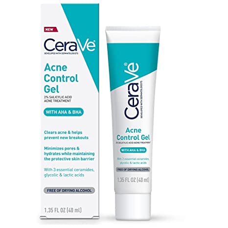 CeraVe Salicylic Acid Acne Treatment with Glycolic Acid and Lactic Acid, Acne Gel for Face to Control and Clear Breakouts - 1.35 Ounce