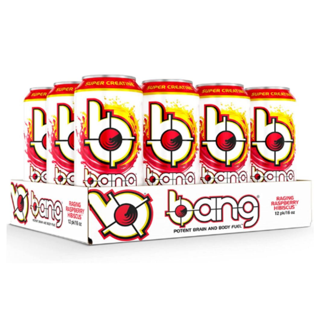 Bang Raging Raspberry Hibiscus Energy Drink, Sugar Free with Super Creatine 16 Ounce - Pack of 12
