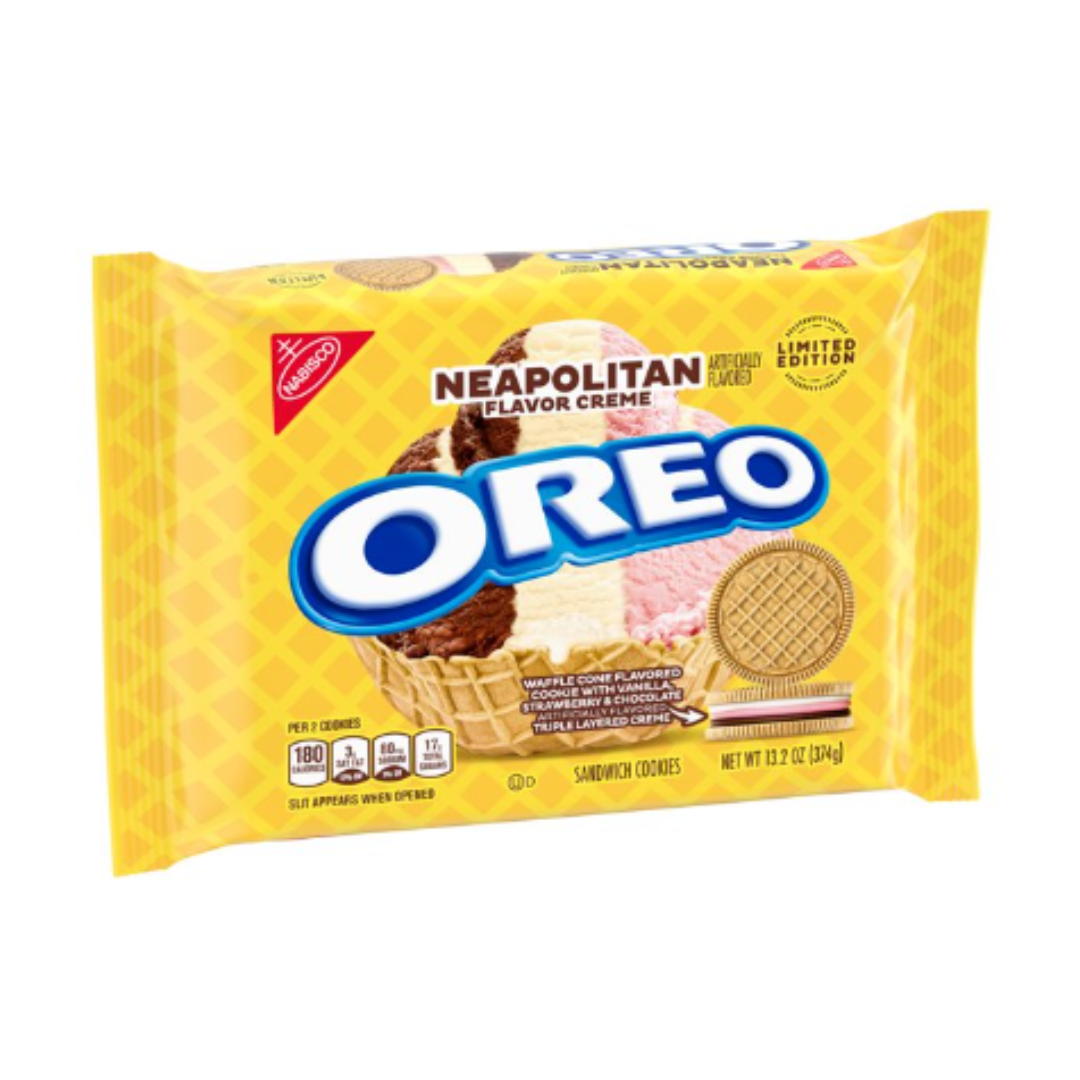 OREO Neapolitan Sandwich Cookies, Waffle Cone Flavored Cookie with Vanilla, Strawberry and Chocolate Triple Layered Creme, 13.2 Ounce