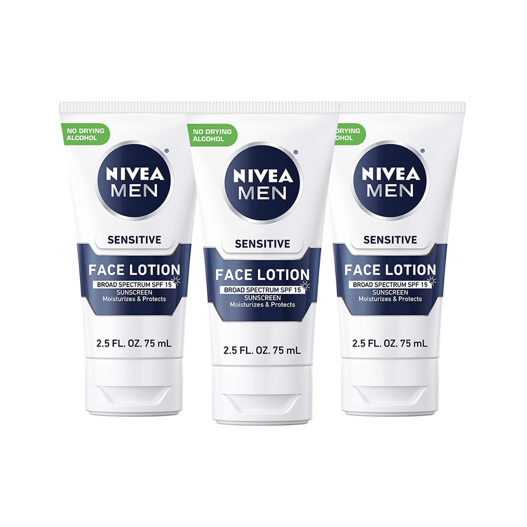 NIVEA MEN Sensitive Face Lotion with SPF 15, Broad Spectrum Sunscreen, 2.5 Fl Ounce - Pack of 3