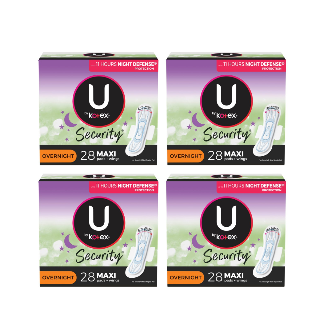 U by Kotex Security Maxi Pads with Wings, Overnight Absorbency, Unscented - 112 Count (4 Packs of 28)