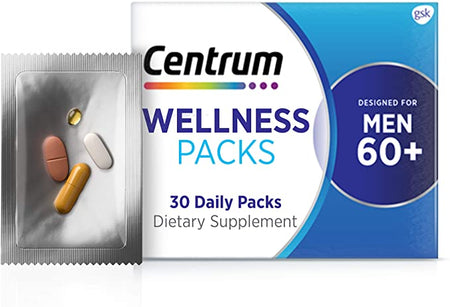Centrum Wellness Daily Complete Multivitamin D3 for Men in their 60s, 25mcg, MSM 1000mg, Turmeric Complex, 30 Packs/1 Month Supply