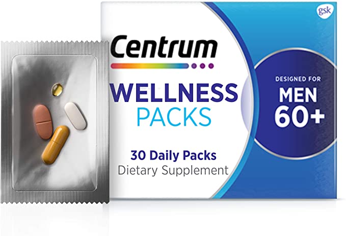 Centrum Wellness Daily Complete Multivitamin D3 for Men in their 60s, 25mcg, MSM 1000mg, Turmeric Complex, 30 Packs/1 Month Supply