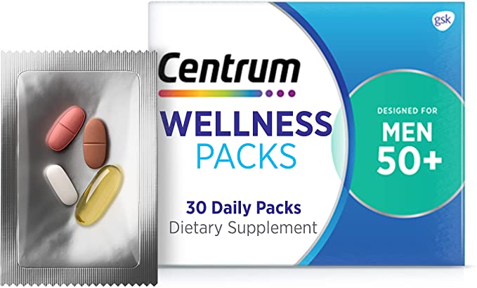 Centrum Wellness Packs Daily Vitamins for Men in 50s, Multivitamin, Calcium Carbonate 600mg with Vitamin D3, Fish Oil 1200mg with Omega-3, MSM 1000mg
