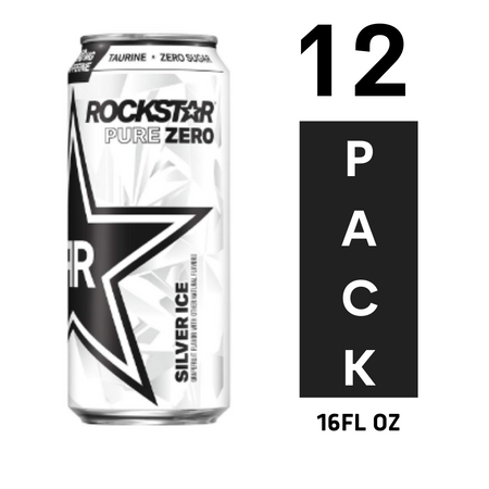 Rockstar Energy Drink Pure Zero, Silver Ice, 16 Ounce - Pack of 12