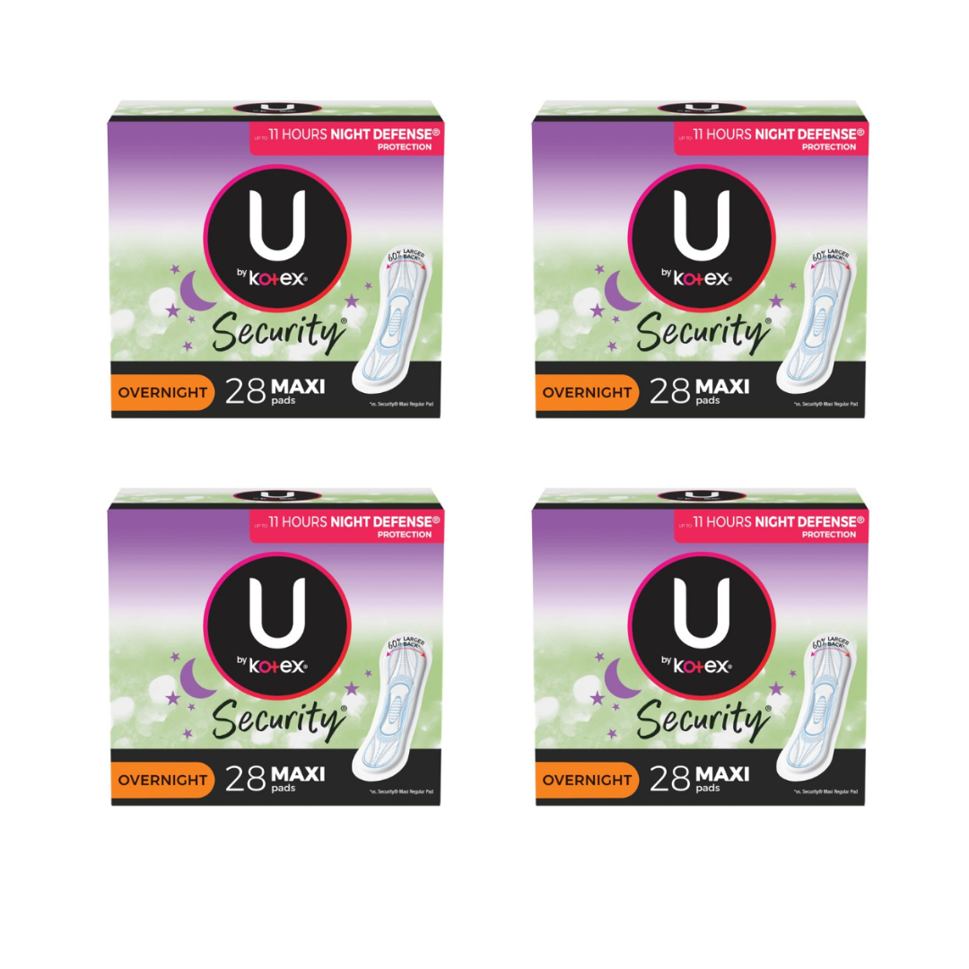 U by Kotex Security Maxi Pads, Overnight Absorbency, Unscented - 112 Count (4 Pack of 28)