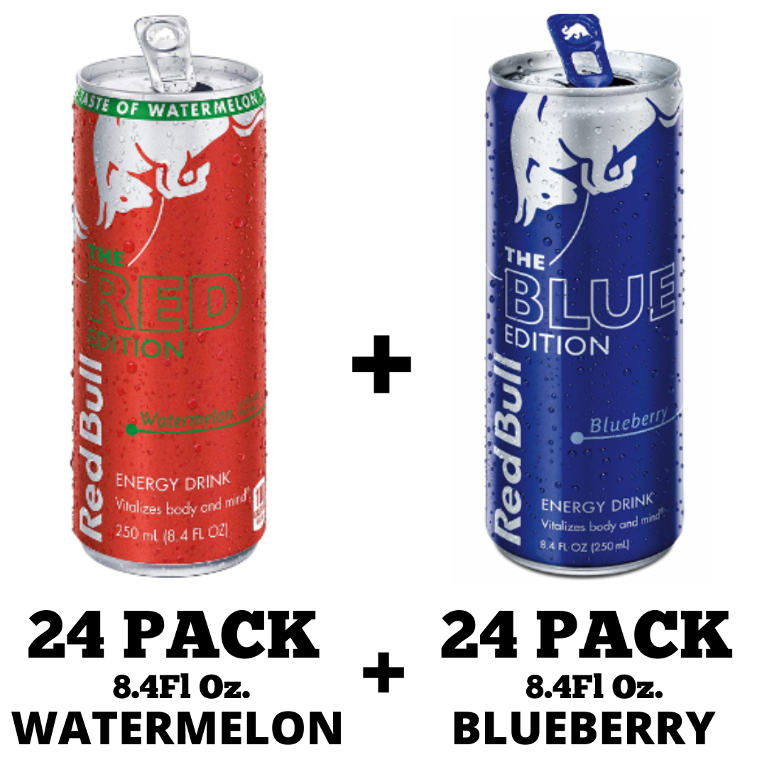 Red Bull Energy Drink, Watermelon, Red Edition, 8.4 Ounce 24 Pack + Summer Edition & Energy Drink, Blueberry, 8.4 Ounce 24 Pack - Total of 48 Cans