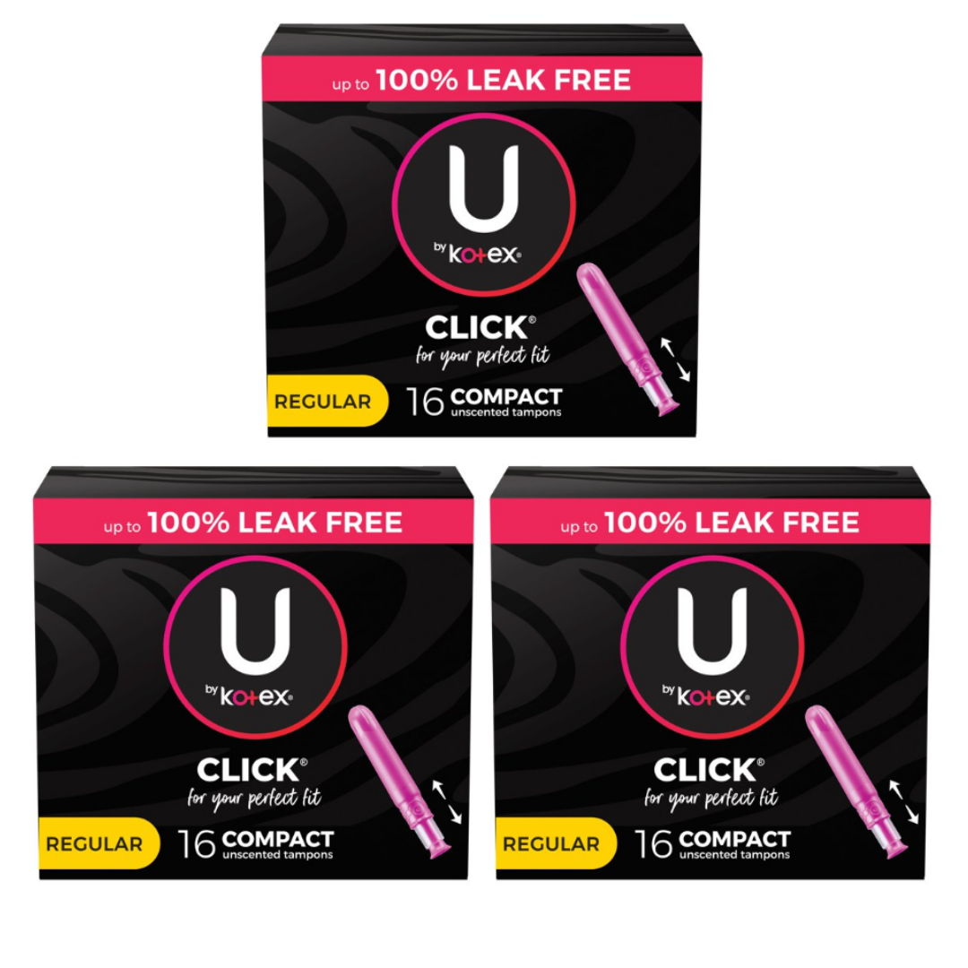 U by Kotex Click Compact Tampons, Regular, Unscented - 16 Count (Pack of 3)
