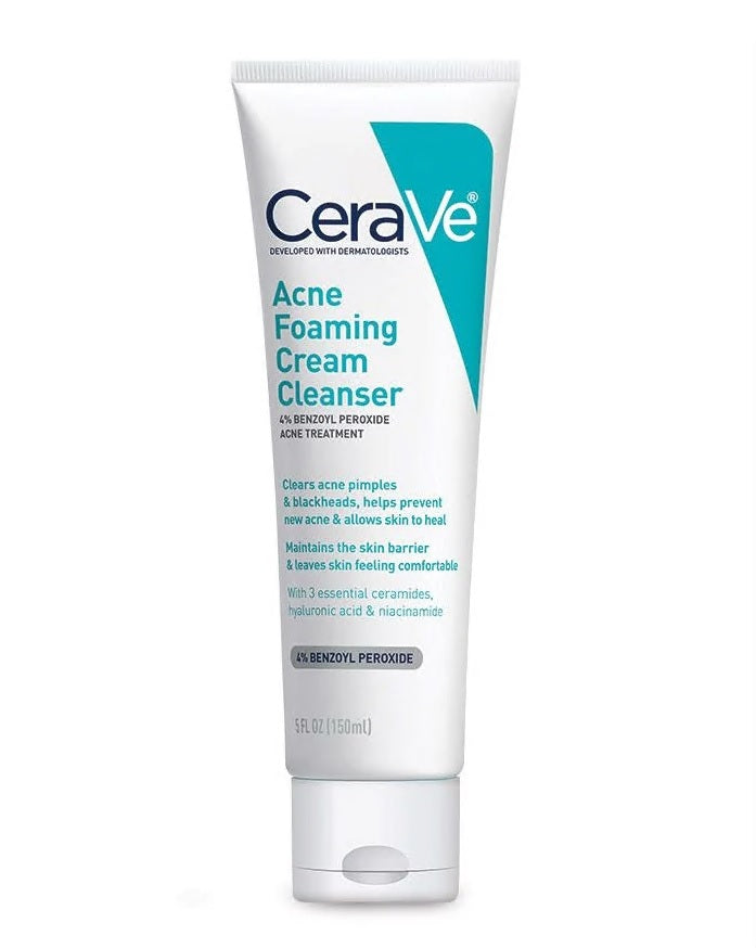 CeraVe Acne Foaming Cream Cleanser, 5 Oz - with 4% Benzoyl Peroxide Acne Treatment