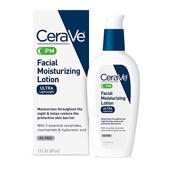 CeraVe PM Facial Moisturizing Lotion  Night Cream with Hyaluronic Acid and Niacinamide  Ultra-Lightweight, Oil-Free Moisturizer for Face - 3 Ounce