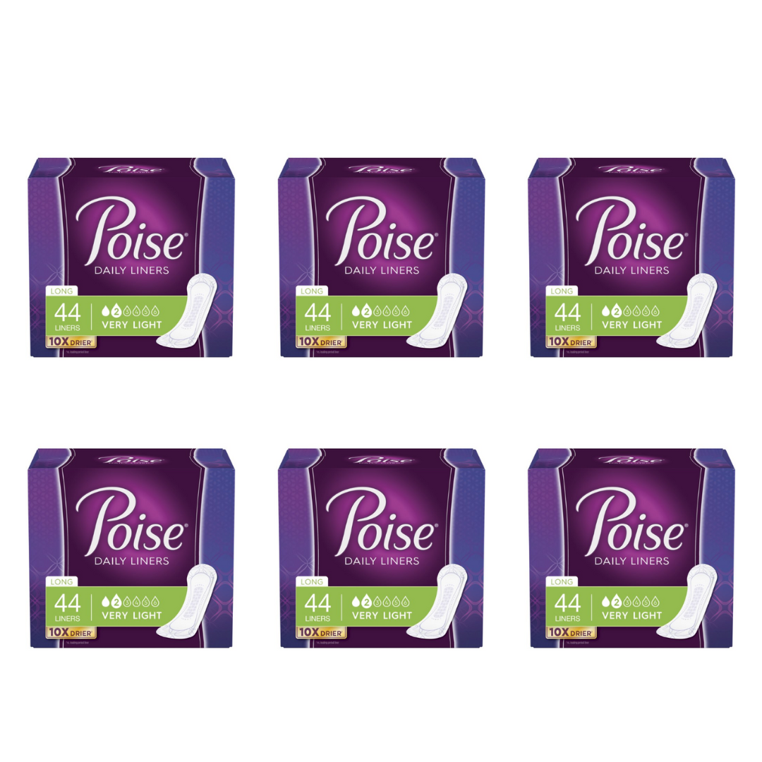 Poise Daily Incontinence Panty Liners Very Light Absorbency, Long - 6 Packs of 44 (264 Count)
