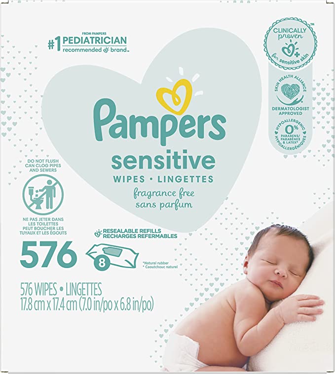Pampers Baby Wipes Sensitive Perfume Free 8X Refill Packs - 576 Count (Tub Not Included)