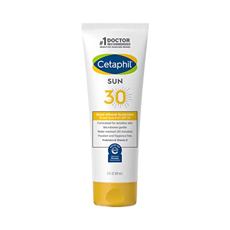 CETAPHIL Sheer Mineral Sunscreen Lotion for Face & Body 100% Mineral Zinc Oxide & Titanium Dioxide  Broad Spectrum SPF 30 For Sensitive Skin - 3 fl oz