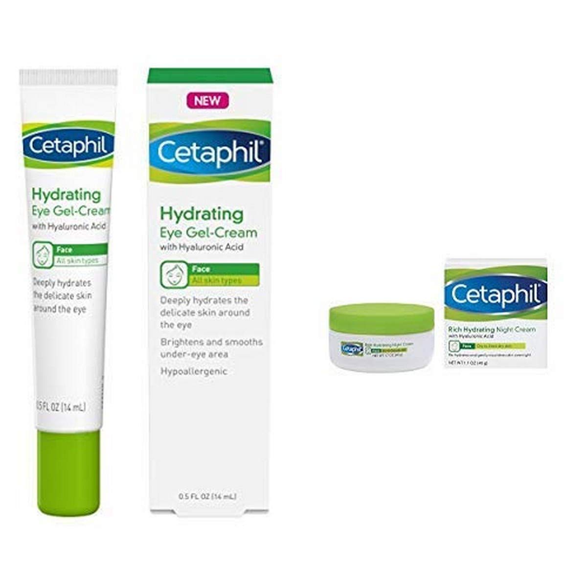 Cetaphil Hydrating Eye Gel-Cream 0.5 Fl. Oz with Rich Hydrating Night Cream with Hyaluronic Acid - 1.7 Ounce
