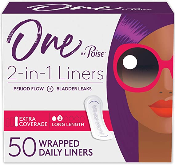 One by Poise Panty Liners 2-in-1 Period & Bladder Leakage Daily Liner, Extra Coverage Long - 50 Count