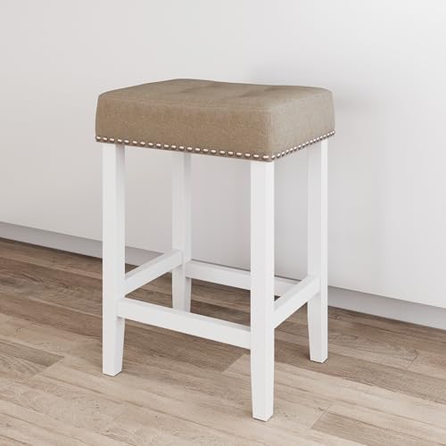 Nathan James Hylie Nailhead Wood Pub-Height Kitchen Counter Bar Stool 24", Natural Flax/White