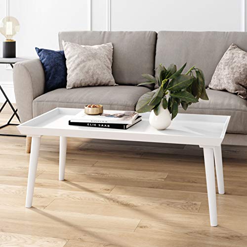 Nathan James Hazel Mid-Century Wood Tray Top Coffee Table with Narrow Cone Legs and Modern Veneer Finish, White