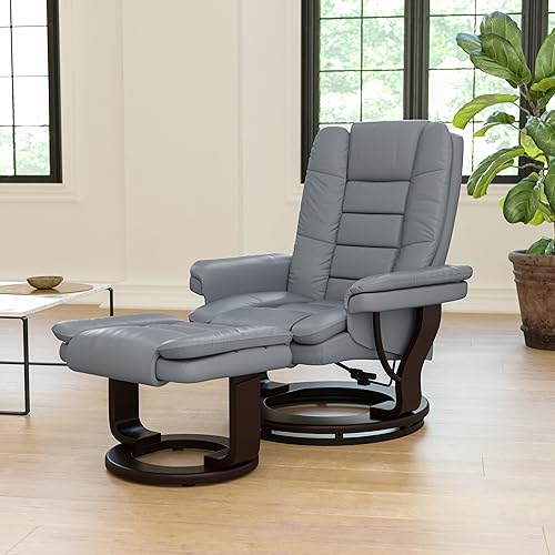 Flash Furniture Contemporary LeatherSoft Recliner with Horizontal Stitching and Ottoman with Swiveling Mahogany Wood Base, Piece Set, Gray