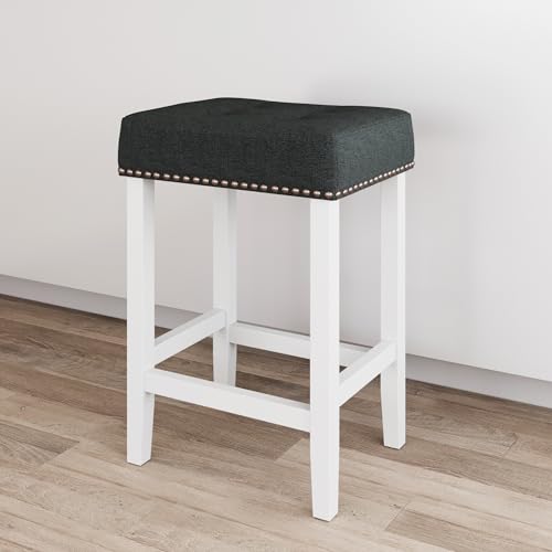 Nathan James Hylie Nailhead Wood Pub-Height Kitchen Counter Bar Stool 24", Tufted Gray/White