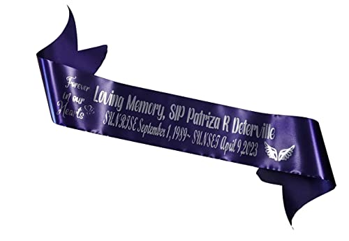 Personalized Memorial Funeral Sash Ribbon or Celebration of Life In Loving Memory for Casket or Wreath Flowers (Purple)