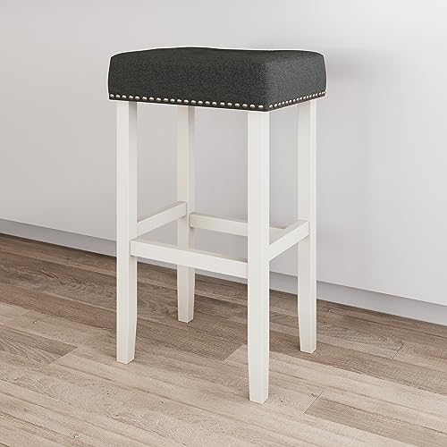 Nathan James 21412 Hylie Nailhead Wood Pub-Height Kitchen Counter Bar Stool 29", Tufted Gray/White, Set of 4