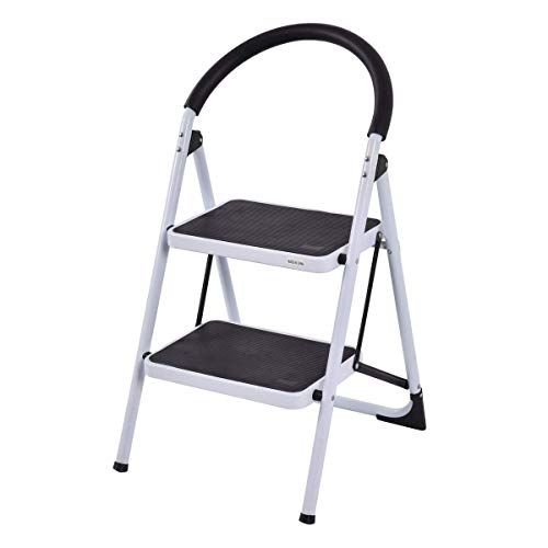 COSTWAY 2 Step Ladder, Lightweight Folding Stool Heavy Duty Industrial 330 lbs Capacity, Black/White