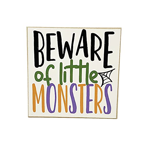 Beware of Little Monsters Halloween Sign - October Indoor Holiday Decor - Wooden Fall Tiered Tray Decoration