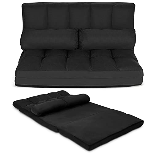 COSTWAY Floor Sofa Couch with 2 Pillows, Foldable 6-Position Adjustable Lazy Sofa Bed Sleeper with Metal Frame, Soft Suede Fabric, Gaming Playing Lounge Recliner for Adults (Black)