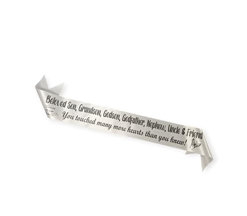 Personalized Memorial Funeral Sash Ribbon or Celebration of Life In Loving Memory for Casket or Wreath Flowers (White)