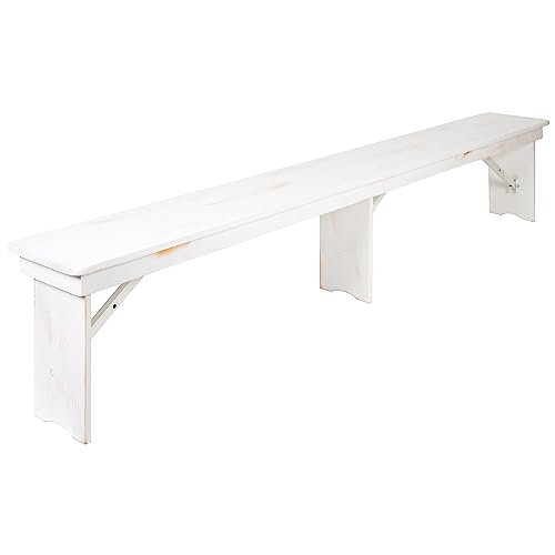 Flash Furniture Hercules Commercial Grade Farmhouse 3 Leg Bench - Solid Pine Foldable Bench with Seating for 4 - 8'x12" - Antique Rustic White