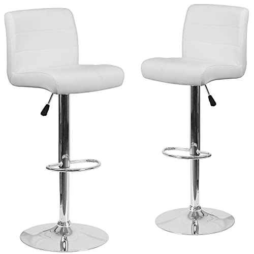 Flash Furniture Marietta 2 Pack Contemporary White Vinyl Adjustable Height Barstool with Rolled Seat and Chrome Base