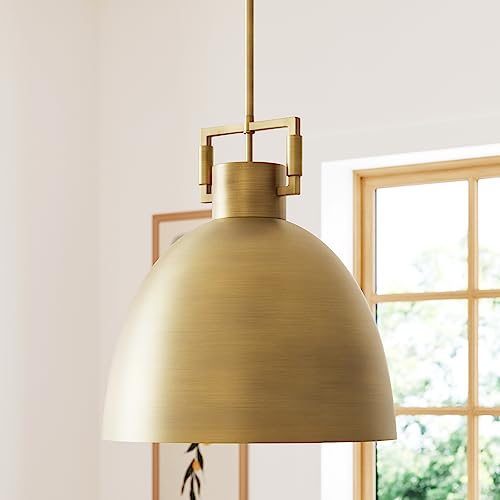 Nathan James Leigh Pendant Lighting, Hanging Ceiling Light with Oversized Metal Shade and Adjustable Cord, for Kitchen Island or Entryway, Antiqued Brass, Set of 2