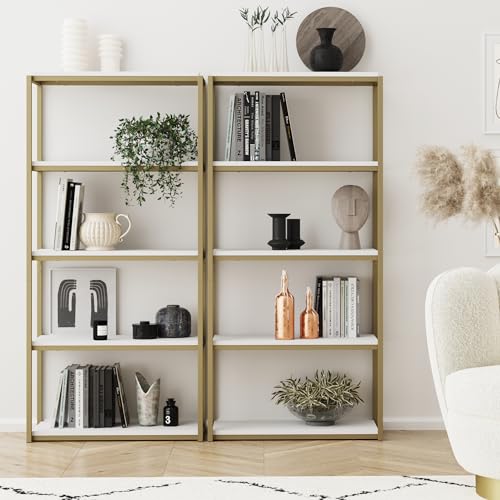 Nathan James Oscar Modern Etagere 5-Shelf Bookcase Wood and Metal Bookshelf with Brass Metal Frame and Wood Storage Shelves, Gold/White, Set of 2