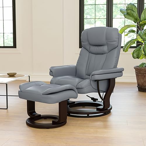 Flash Furniture Contemporary Multi-Position Recliner and Curved Ottoman with Swivel Mahogany Wood Base, Piece Set, Gray