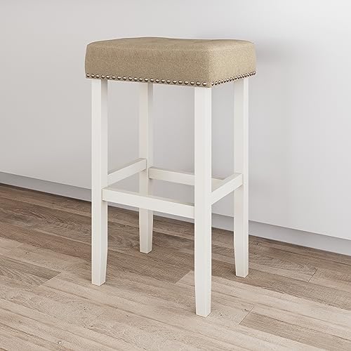 Nathan James 21411 Hylie Nailhead Wood Pub-Height Kitchen Counter Bar Stool 29", Natural Flax/White, Set of 2